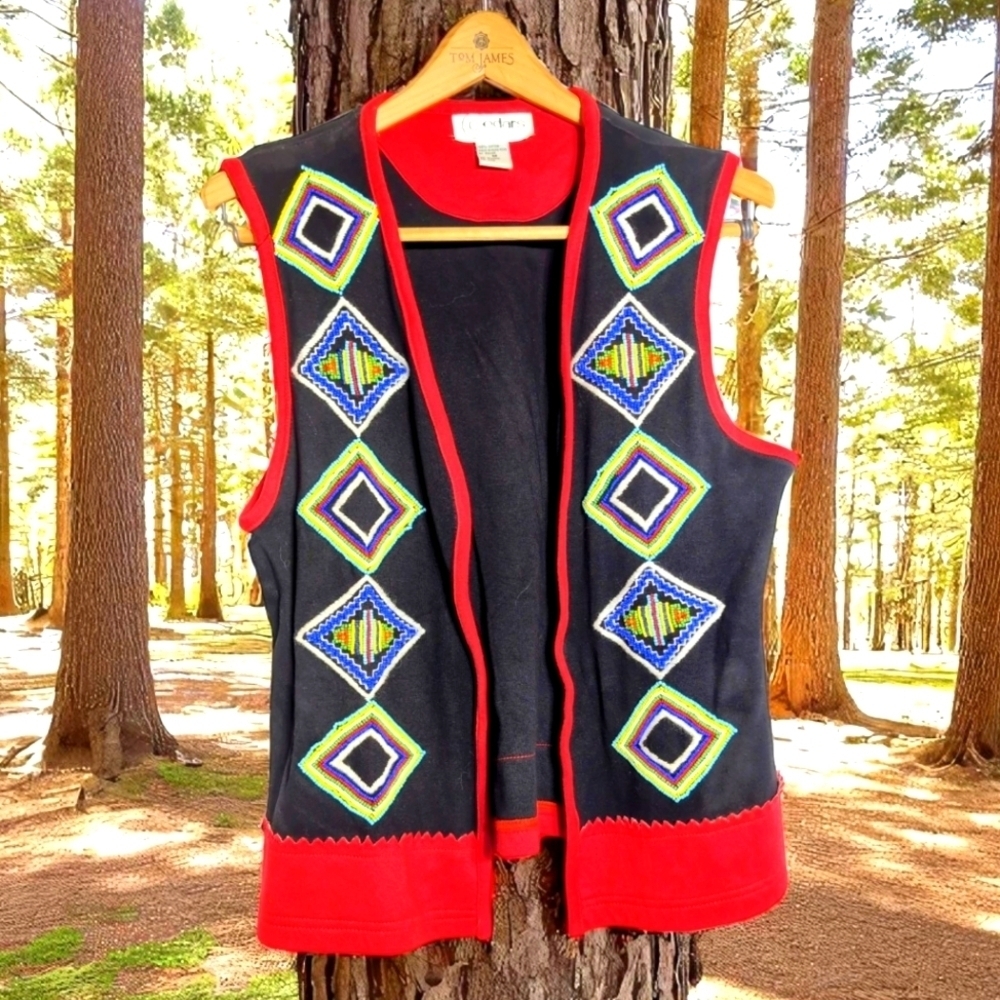 Cedars Beaded Sz M Colorful Black/Red Geometric Vest